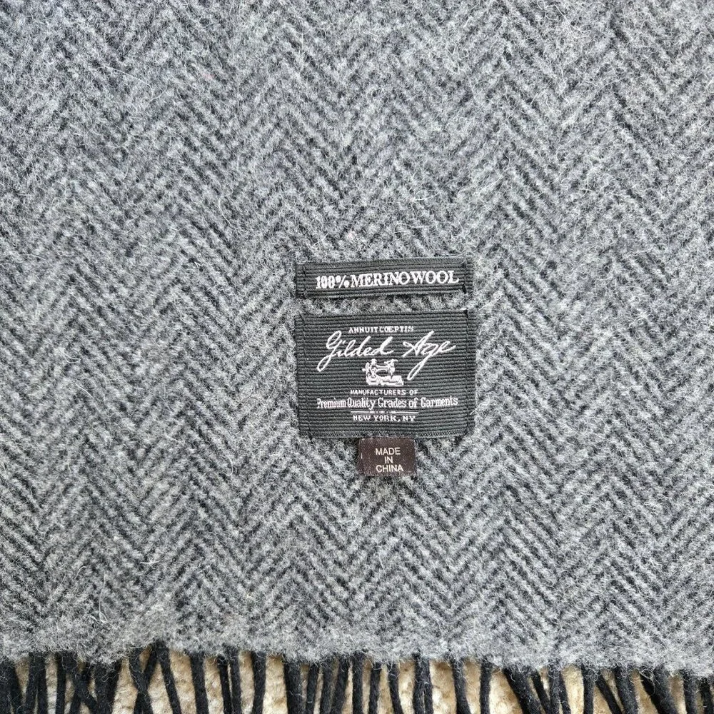 Gilded Age 100% Merino Wool Herringbone Grey Black Fringe Scarf